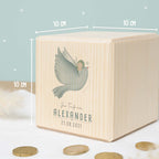 Personalisierte Holzspardose Taufgeschenk "Taube mit Kind" Aquarell