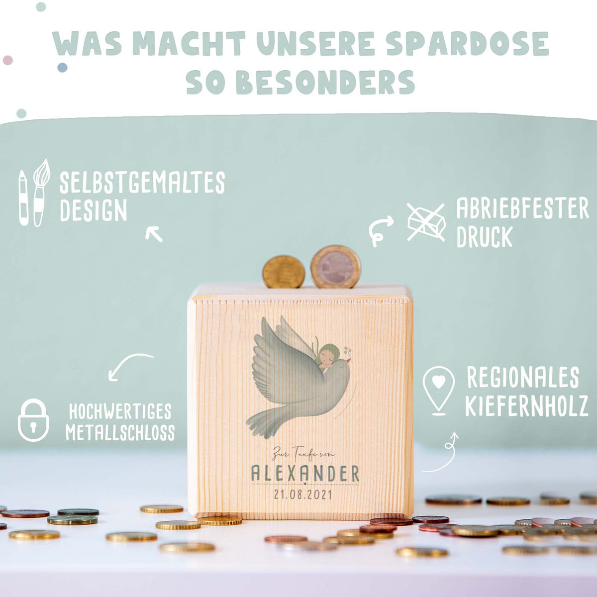 Personalisierte Holzspardose Taufgeschenk "Taube mit Kind" Aquarell