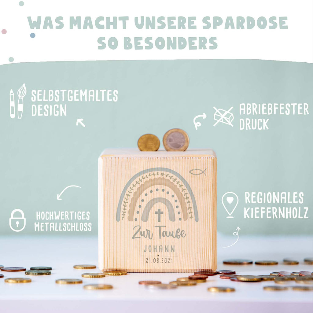 Personalisierte Holzspardose Taufgeschenk "Regenbogen Blau" Aquarell