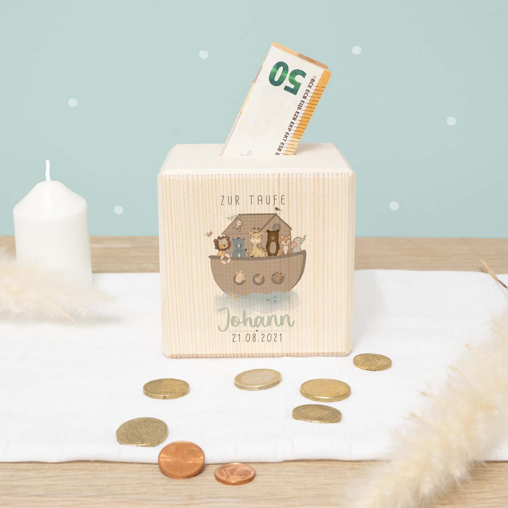 Personalisierte Holzspardose Taufgeschenk "Arche Noah" Aquarell