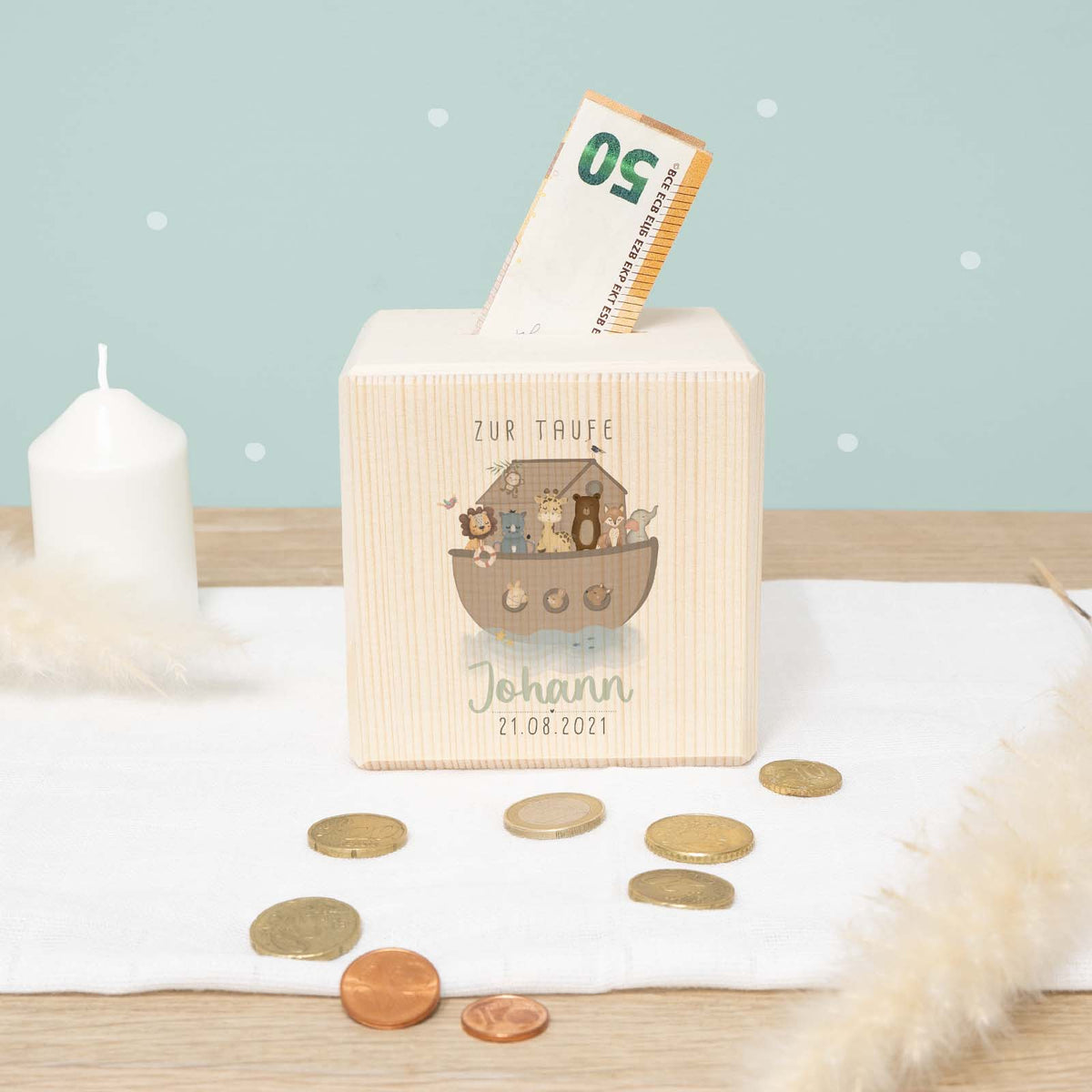 Personalisierte Holzspardose Taufgeschenk "Arche Noah" Aquarell