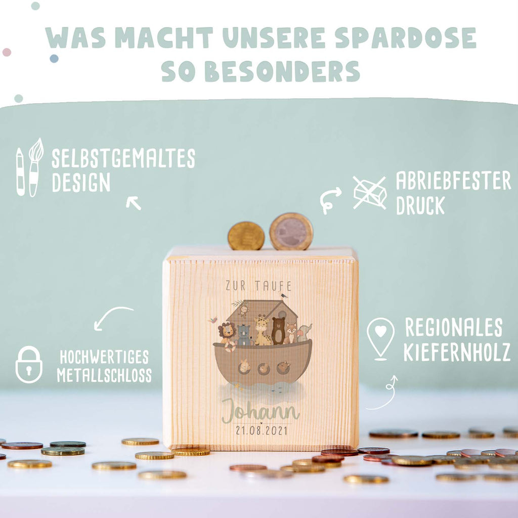 Personalisierte Holzspardose Taufgeschenk "Arche Noah" Aquarell