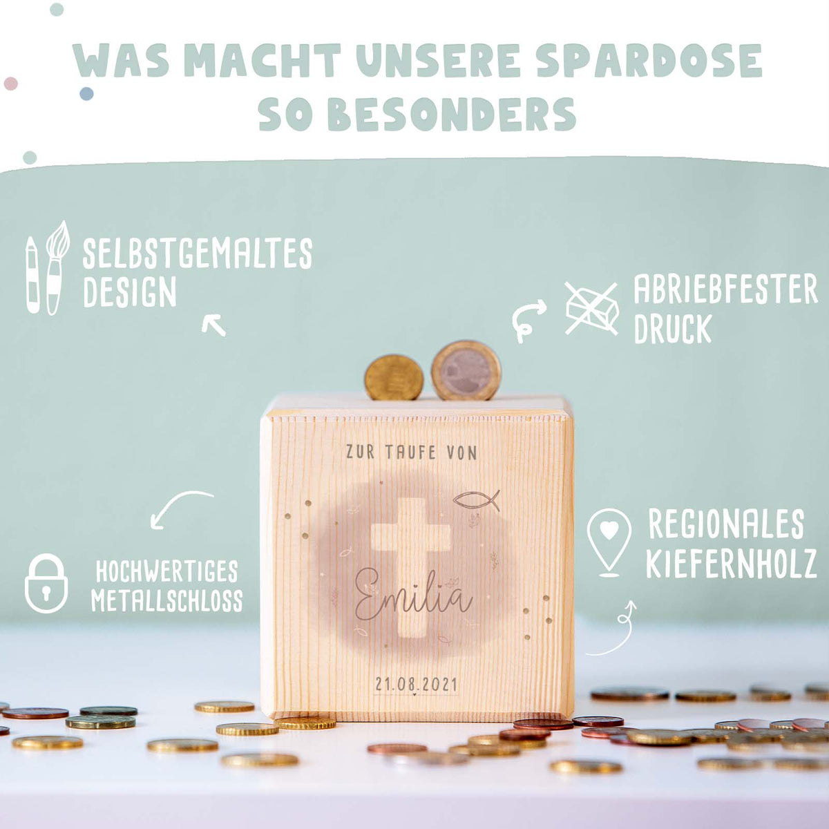 Personalisierte Holzspardose Taufgeschenk "Kreuz Rosa" Aquarell