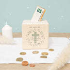 Personalisierte Holzspardose Taufgeschenk "Kreuz Mint" Aquarell