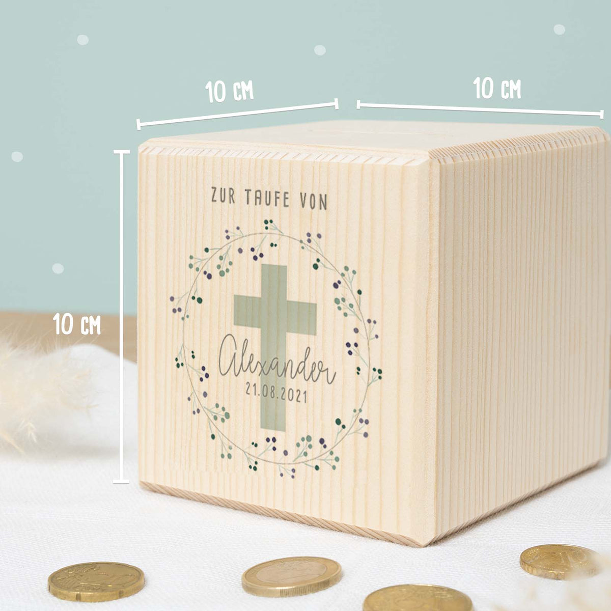 Personalisierte Holzspardose Taufgeschenk "Kreuz Mint" Aquarell