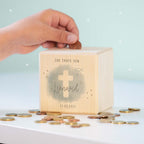Personalisierte Holzspardose Taufgeschenk "Kreuz Blau" Aquarell