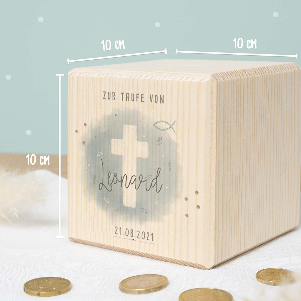 Personalisierte Holzspardose Taufgeschenk "Kreuz Blau" Aquarell