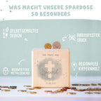 Personalisierte Holzspardose Taufgeschenk "Kreuz Blau" Aquarell