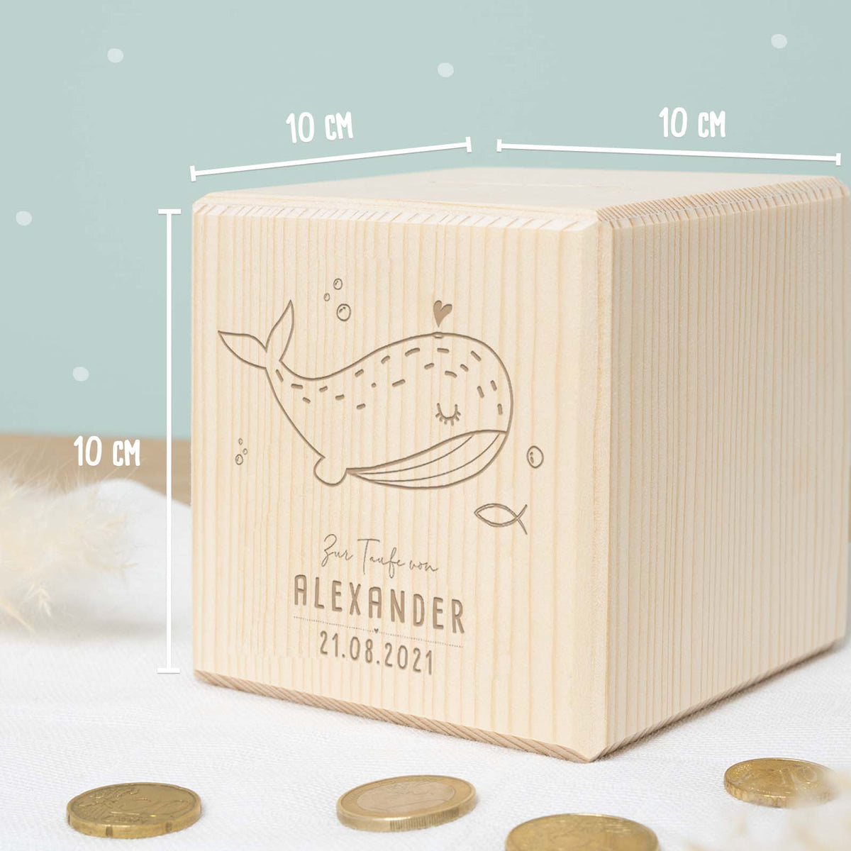 Personalisierte Holzspardose Taufgeschenk "Wal" Gravur