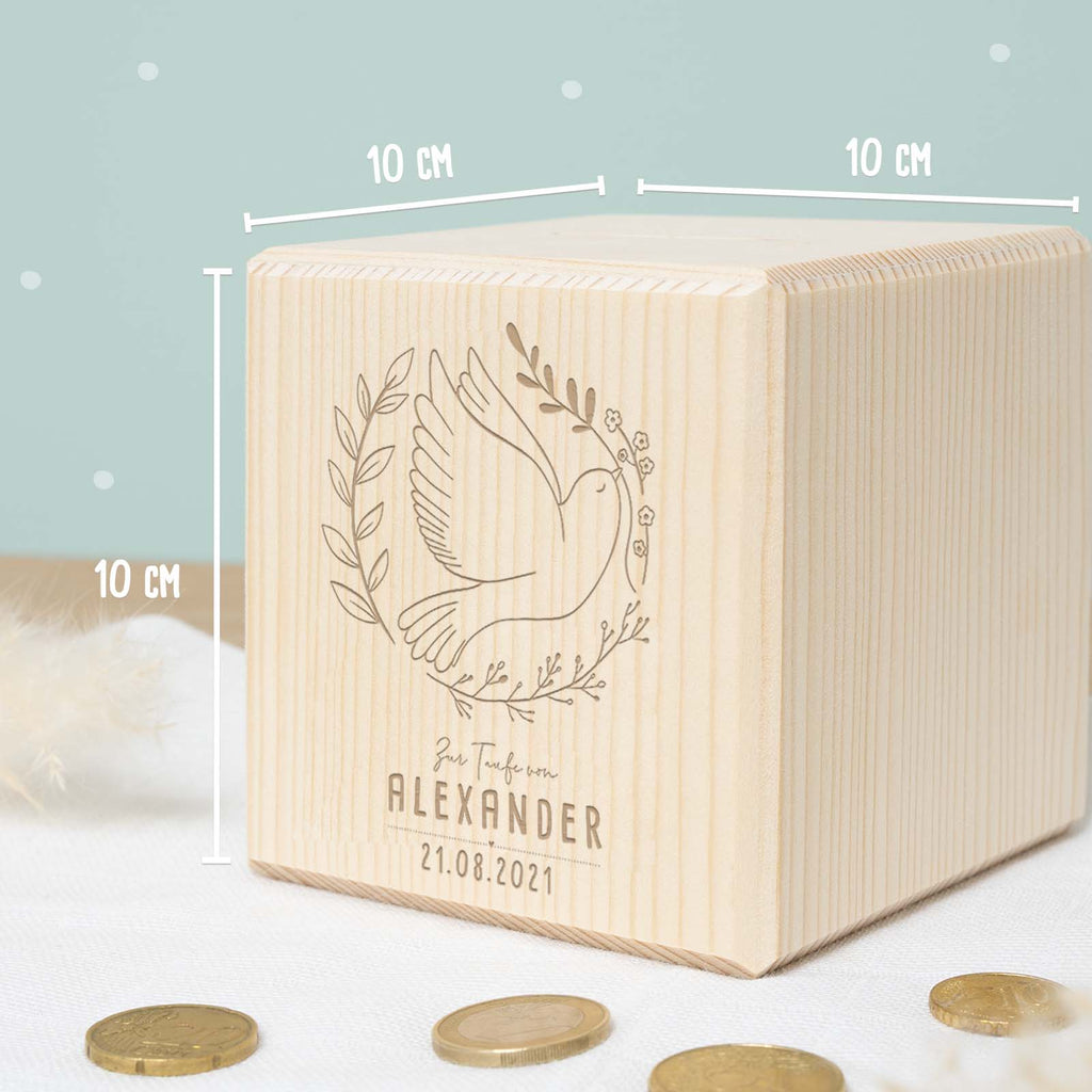 Personalisierte Holzspardose Taufgeschenk "Taube" Gravur