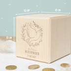 Personalisierte Holzspardose Taufgeschenk "Taube" Gravur