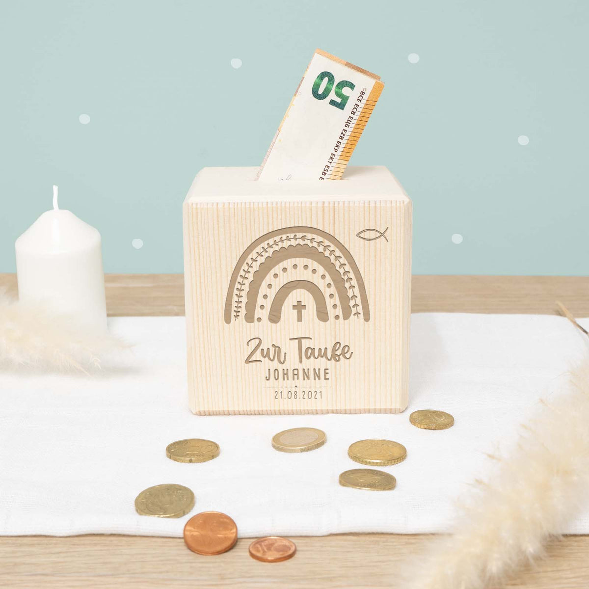 Personalisierte Holzspardose Taufgeschenk "Regenbogen" Gravur