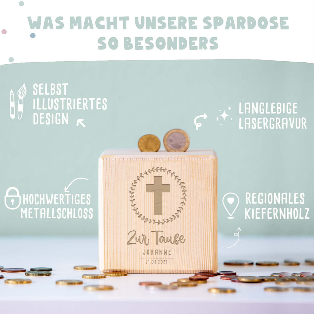 Personalisierte Holzspardose Taufgeschenk "Kreuz" Gravur