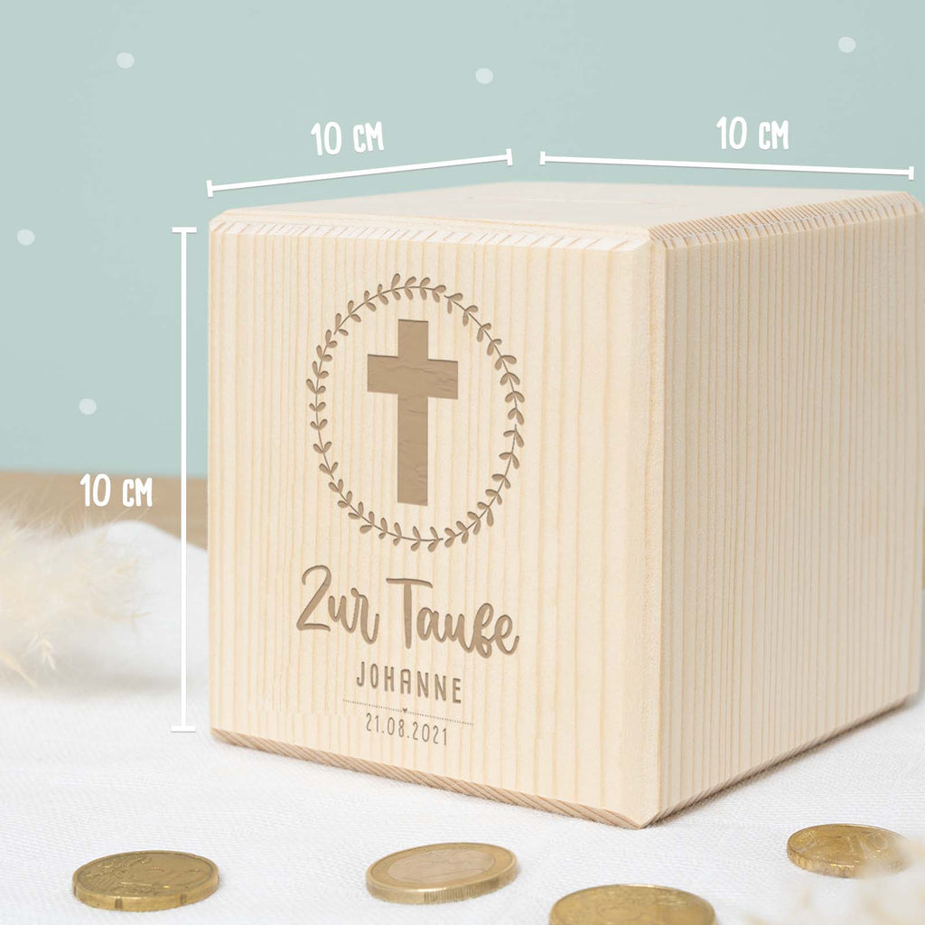 Personalisierte Holzspardose Taufgeschenk "Kreuz" Gravur