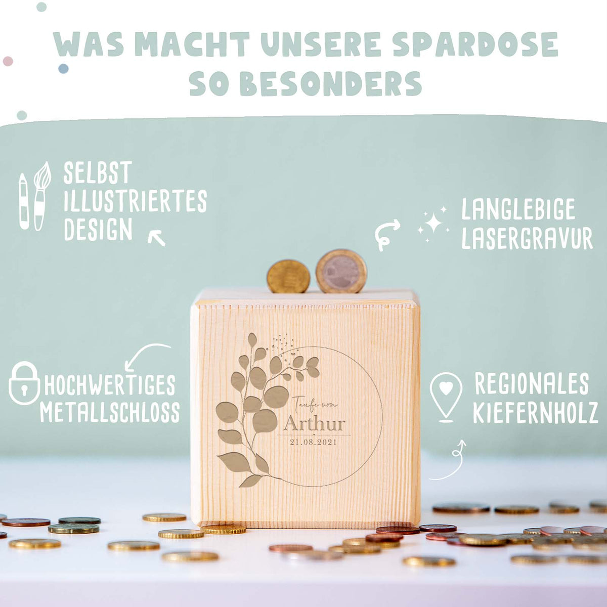 Personalisierte Holzspardose Taufgeschenk "Eukalyptus" Gravur