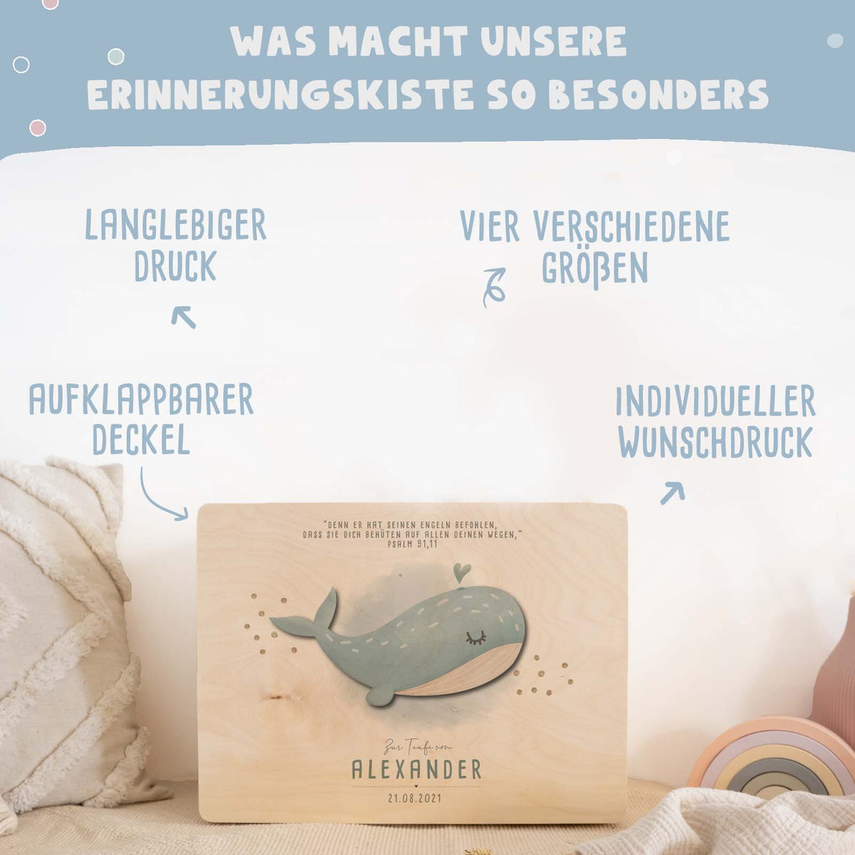Erinnerungsbox Taufgeschenk "Wal" Aquarell