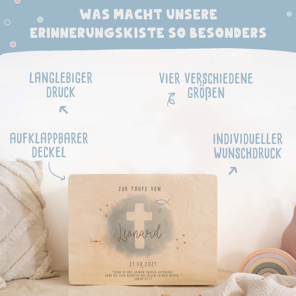 Erinnerungsbox Taufgeschenk "Kreuz Blau" Aquarell