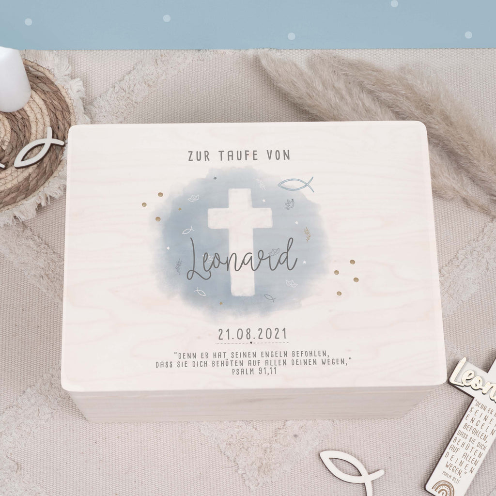 Erinnerungsbox Taufgeschenk "Kreuz Blau" Aquarell