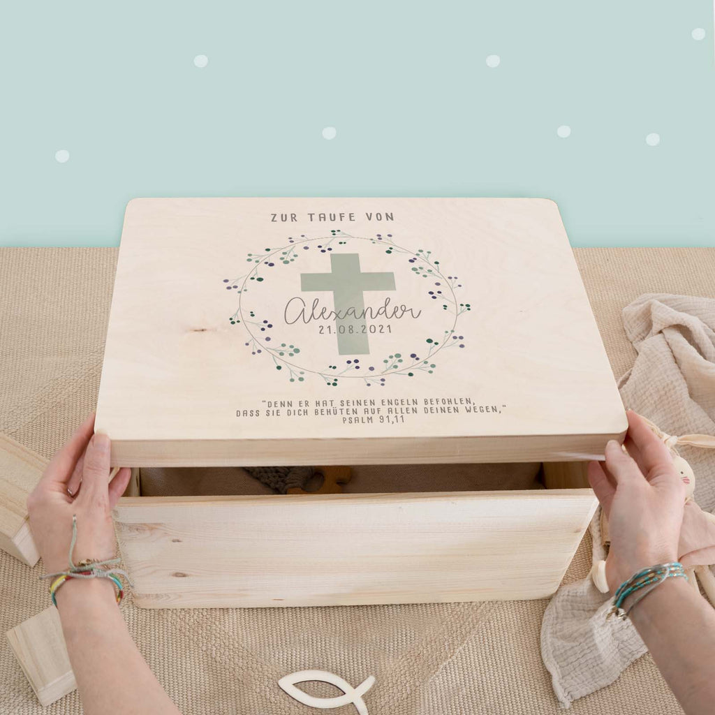 Erinnerungsbox Taufgeschenk "Kreuz Mint" Aquarell