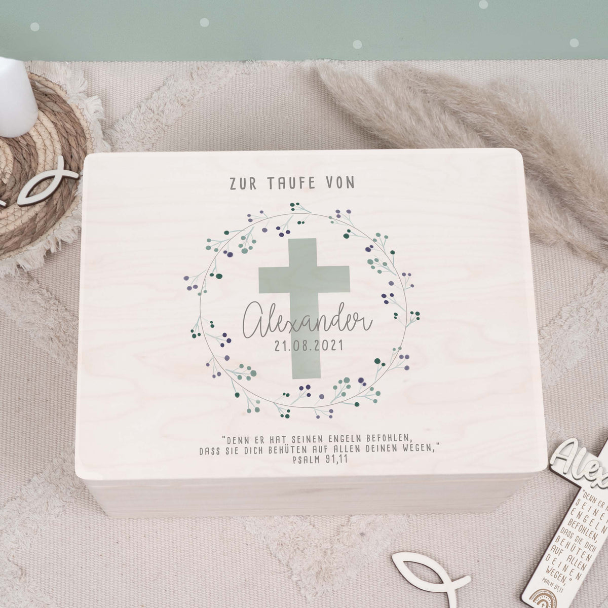 Erinnerungsbox Taufgeschenk "Kreuz Mint" Aquarell