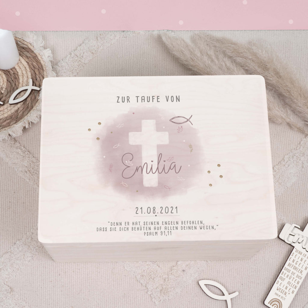 Erinnerungsbox Taufgeschenk "Kreuz Rosa" Aquarell