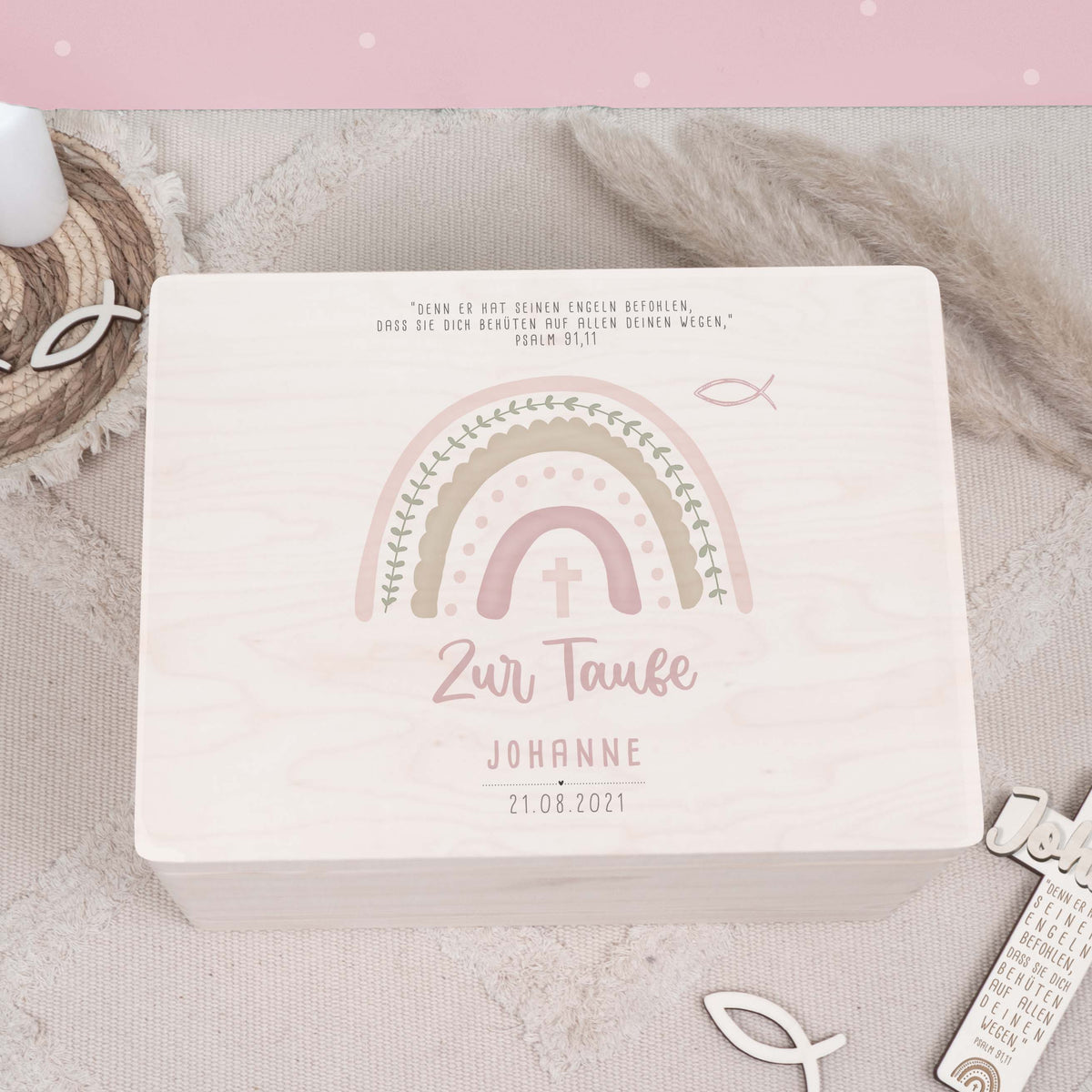 Erinnerungsbox Taufgeschenk "Regenbogen Rosa" Aquarell