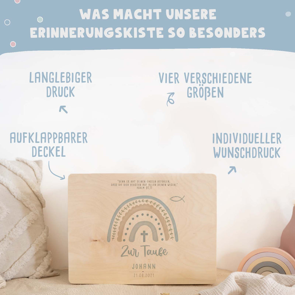 Erinnerungsbox Taufgeschenk "Regenbogen Blau" Aquarell
