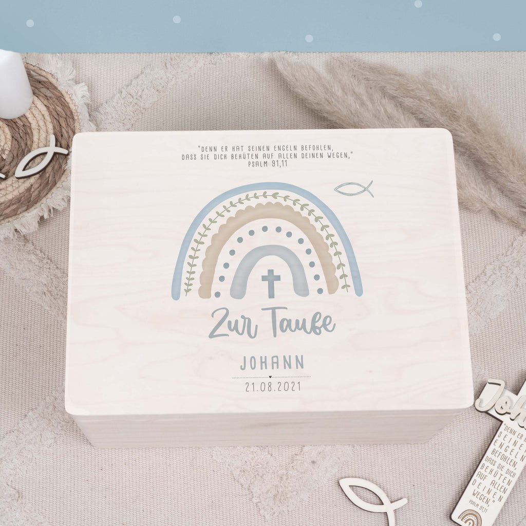 Erinnerungsbox Taufgeschenk "Regenbogen Blau" Aquarell