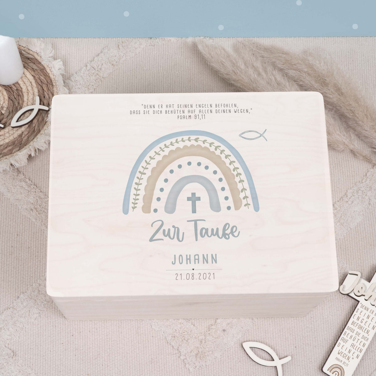Erinnerungsbox Taufgeschenk "Regenbogen Blau" Aquarell