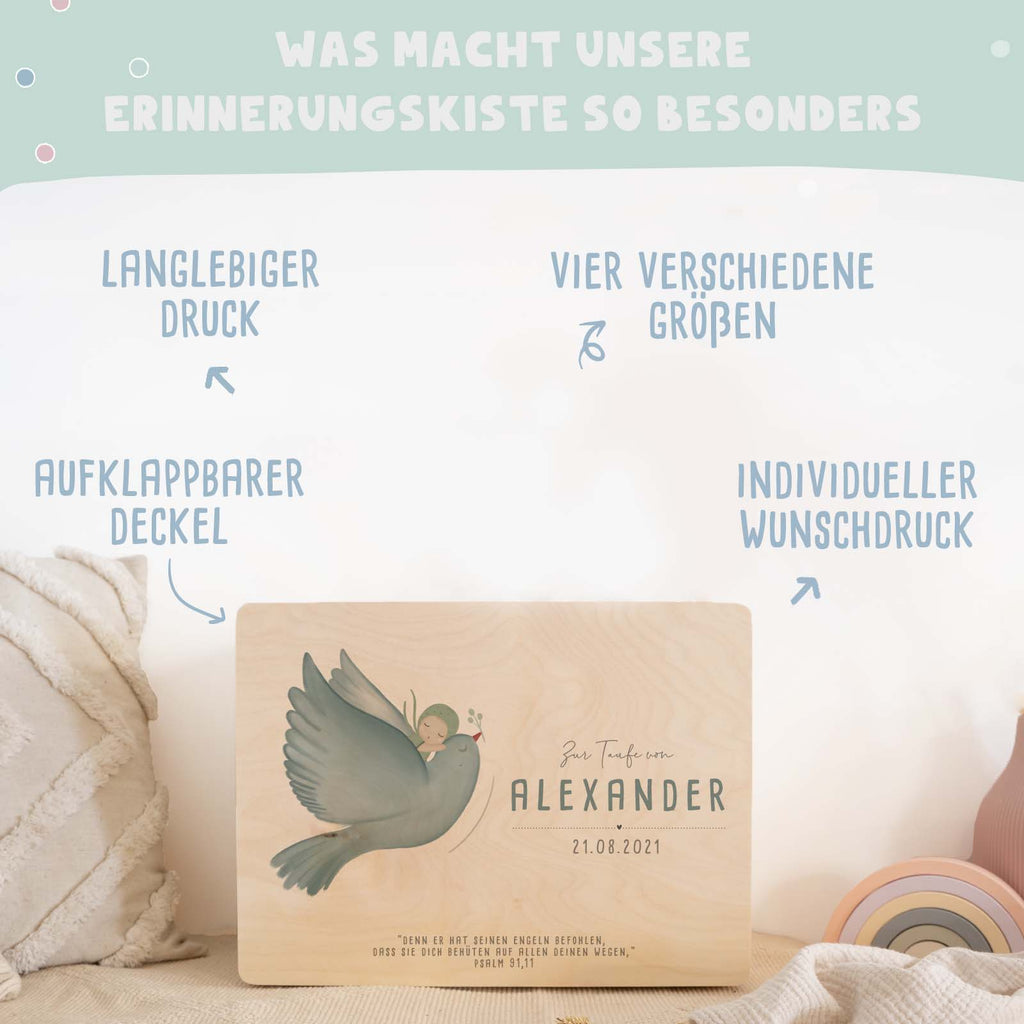 Erinnerungsbox Taufgeschenk "Taube mit Kind" Aquarell