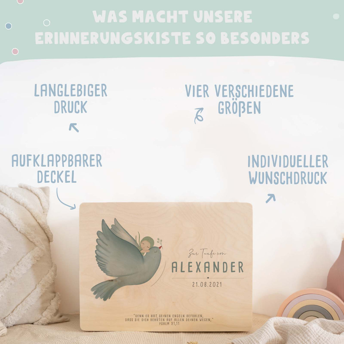 Erinnerungsbox Taufgeschenk "Taube mit Kind" Aquarell