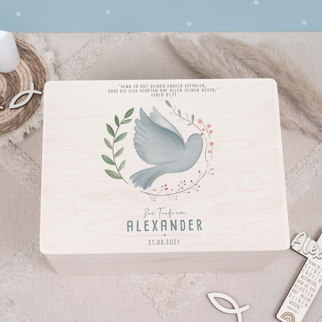 Erinnerungsbox Taufgeschenk "Taube im Kranz" Aquarell