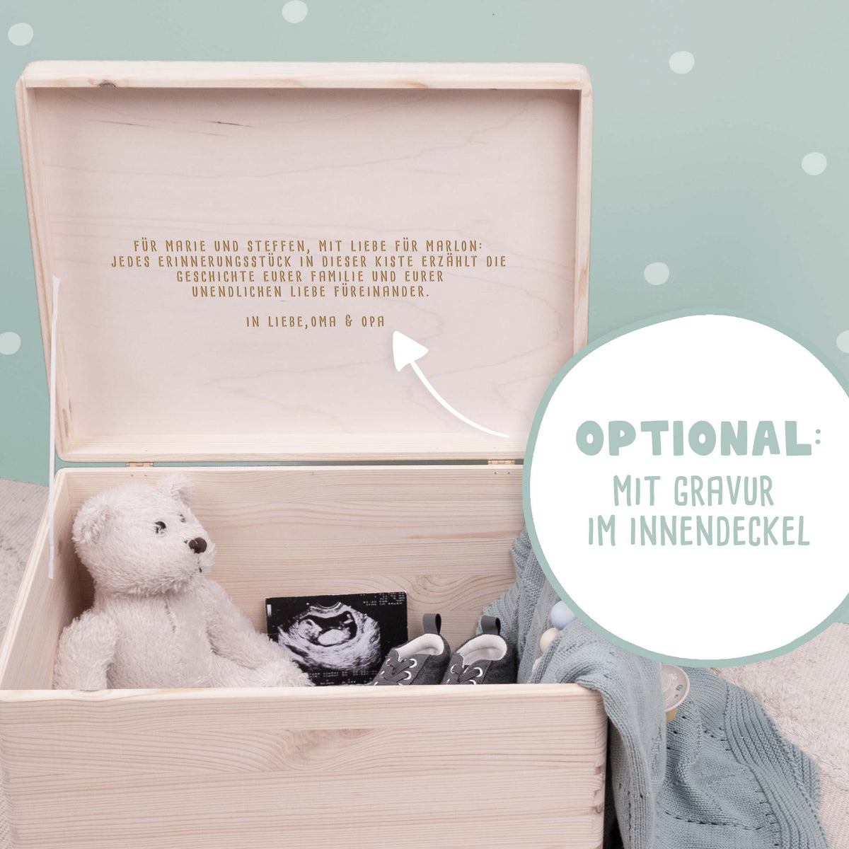 Erinnerungsbox Taufgeschenk "Taube mit Kind" Aquarell