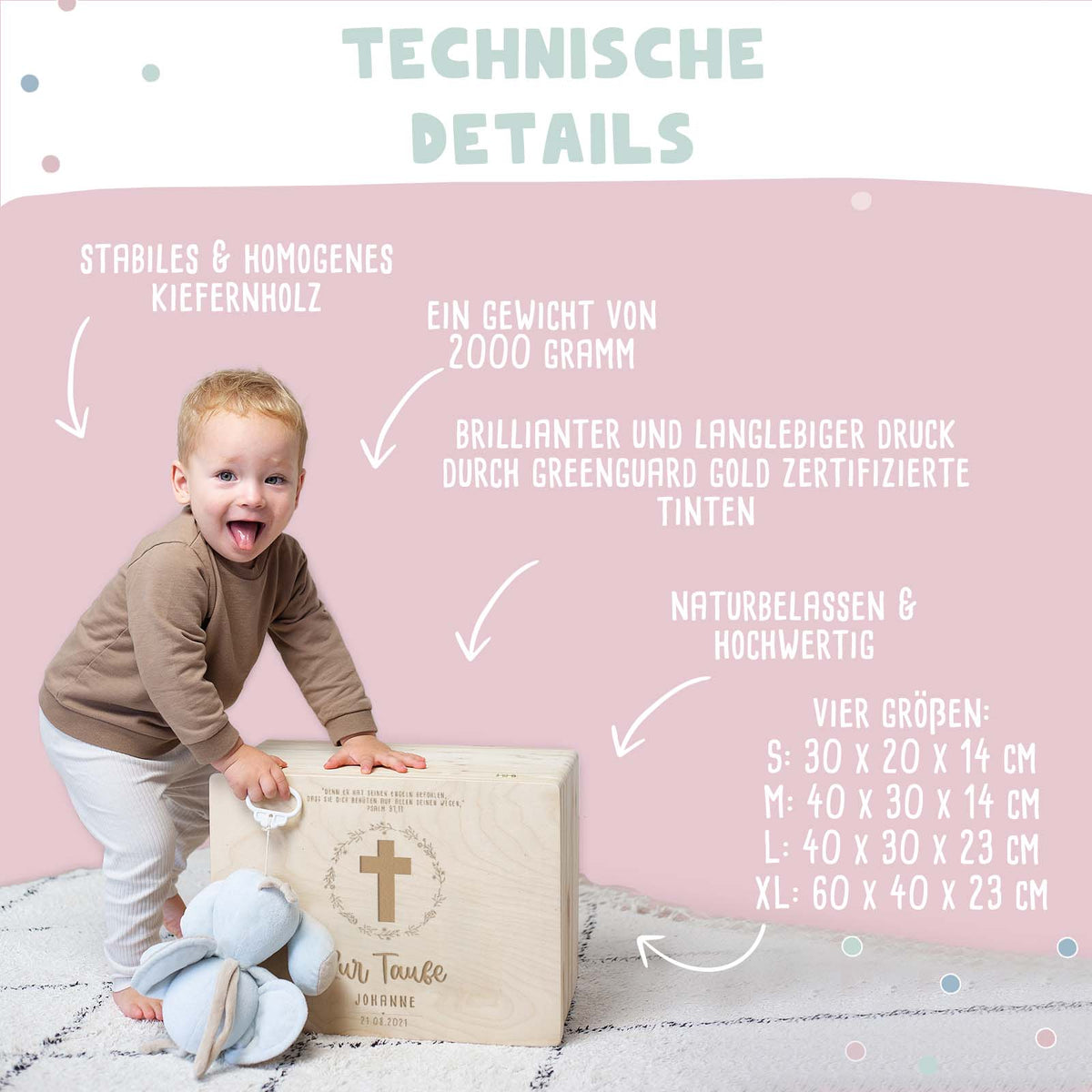Erinnerungsbox Taufgeschenk "Kreuz mit Blumen" Gravur