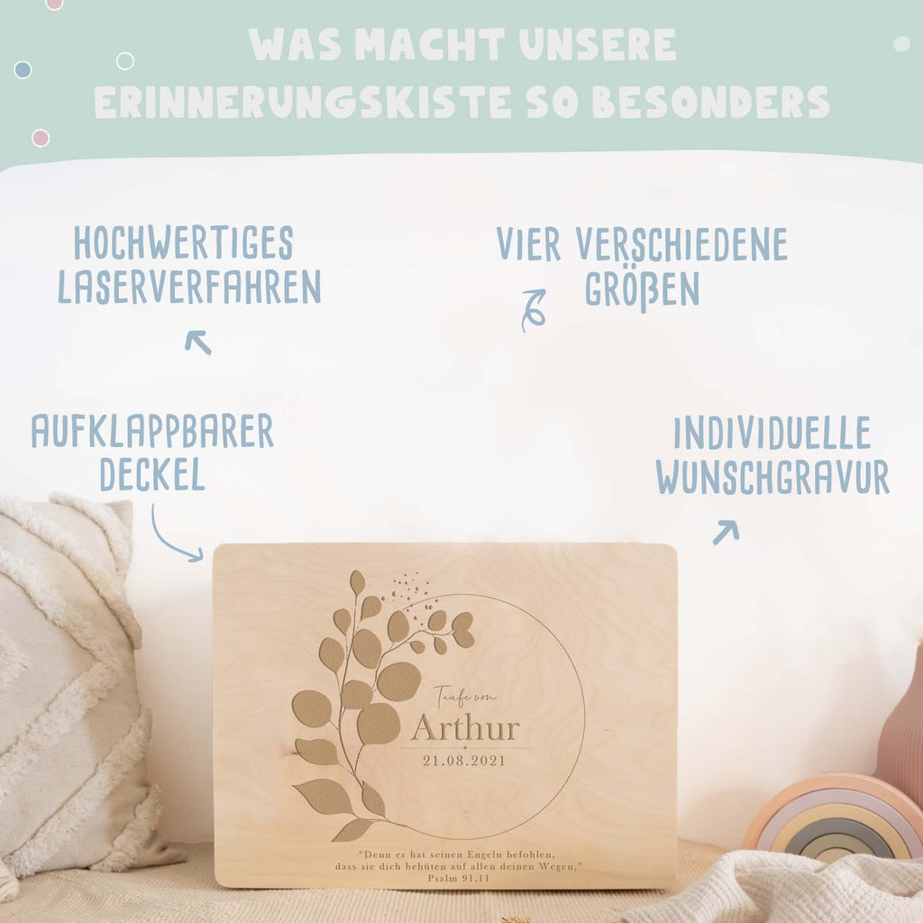 Erinnerungsbox Taufgeschenk "Eukalyptus" Gravur
