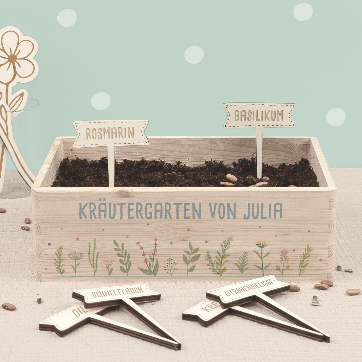 Saatgut Anzuchtset - Mini Garten Starter Kit mit personalisierter Holzkiste Aquarell