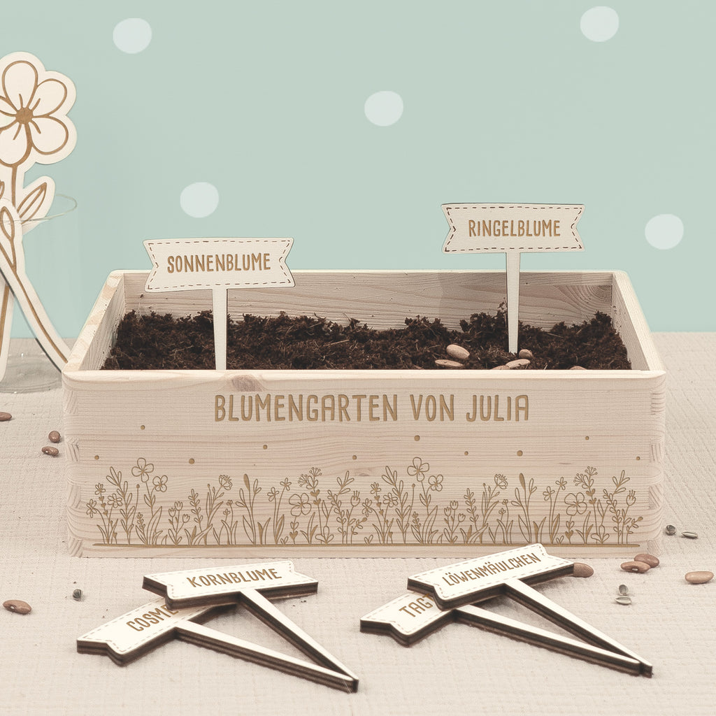 Saatgut Anzuchtset - Mini Garten Starter Kit mit personalisierter Holzkiste Gravur