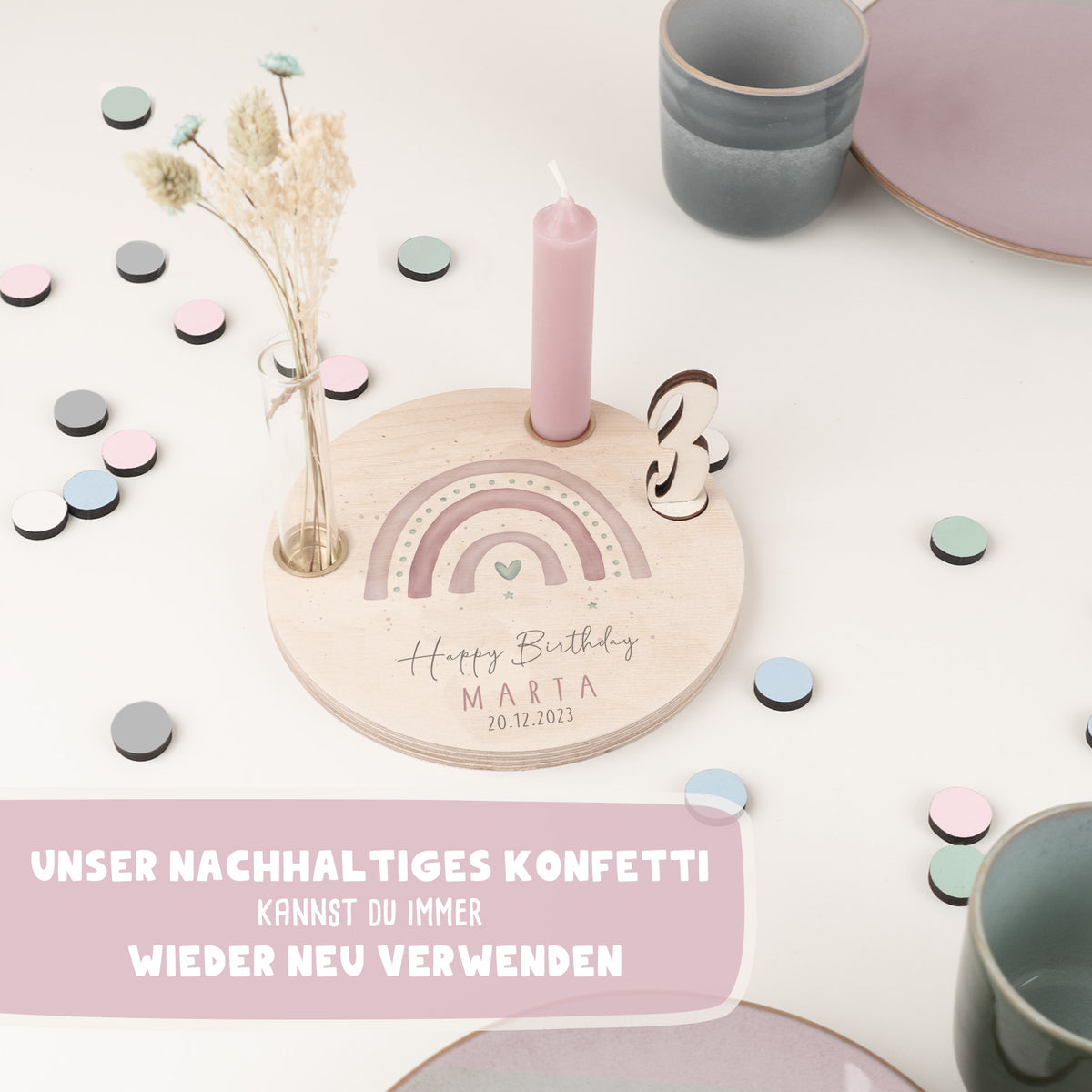 Personalisierter Geburtstagsteller T-Rex mit Kerzenhalter, Vase & Jahreszahlen