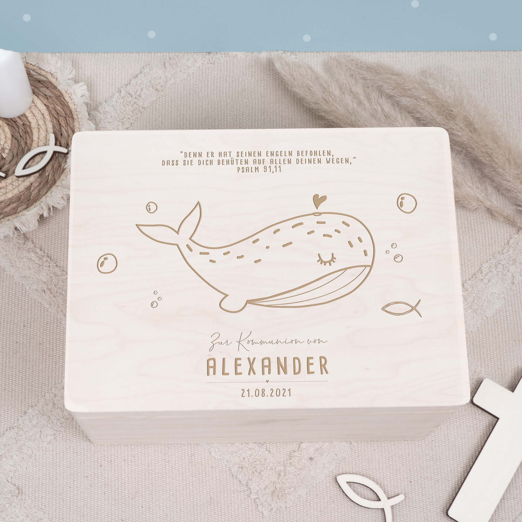Erinnerungsbox Geschenk zur Kommunion "Wal" Gravur