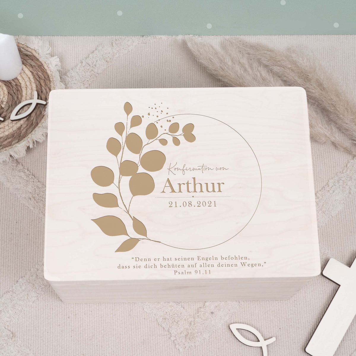 Erinnerungsbox Geschenk zur Konfirmation "Eukalyptus" Gravur