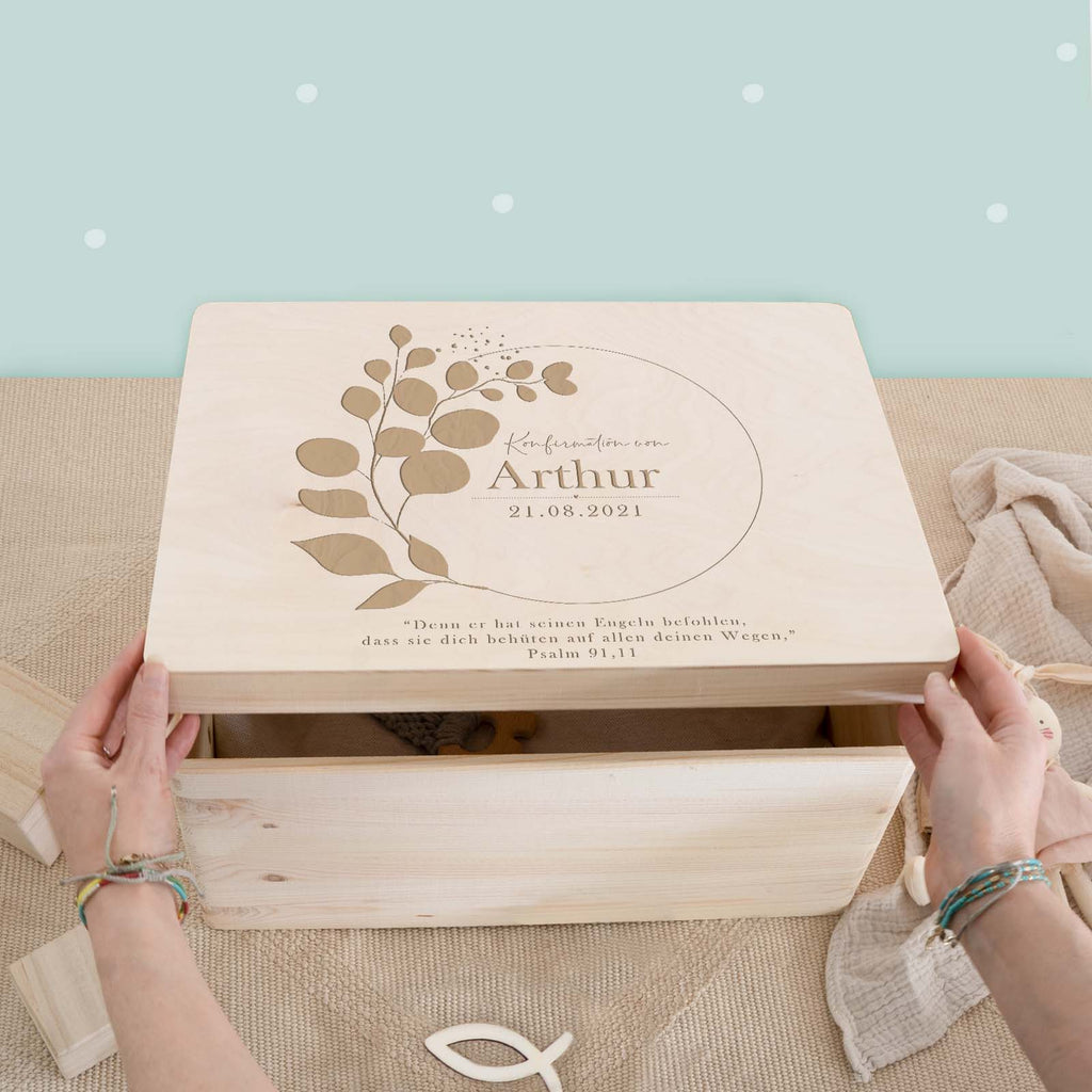 Erinnerungsbox Geschenk zur Konfirmation "Eukalyptus" Gravur