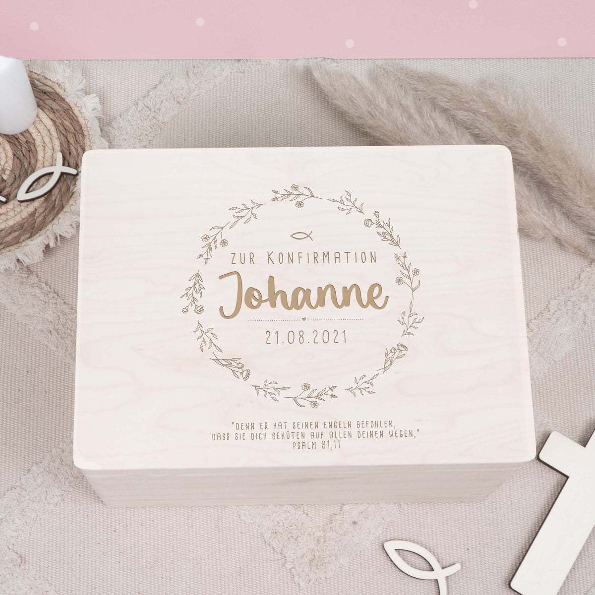Erinnerungsbox Geschenk zur Konfirmation "Blumenkranz" Gravur