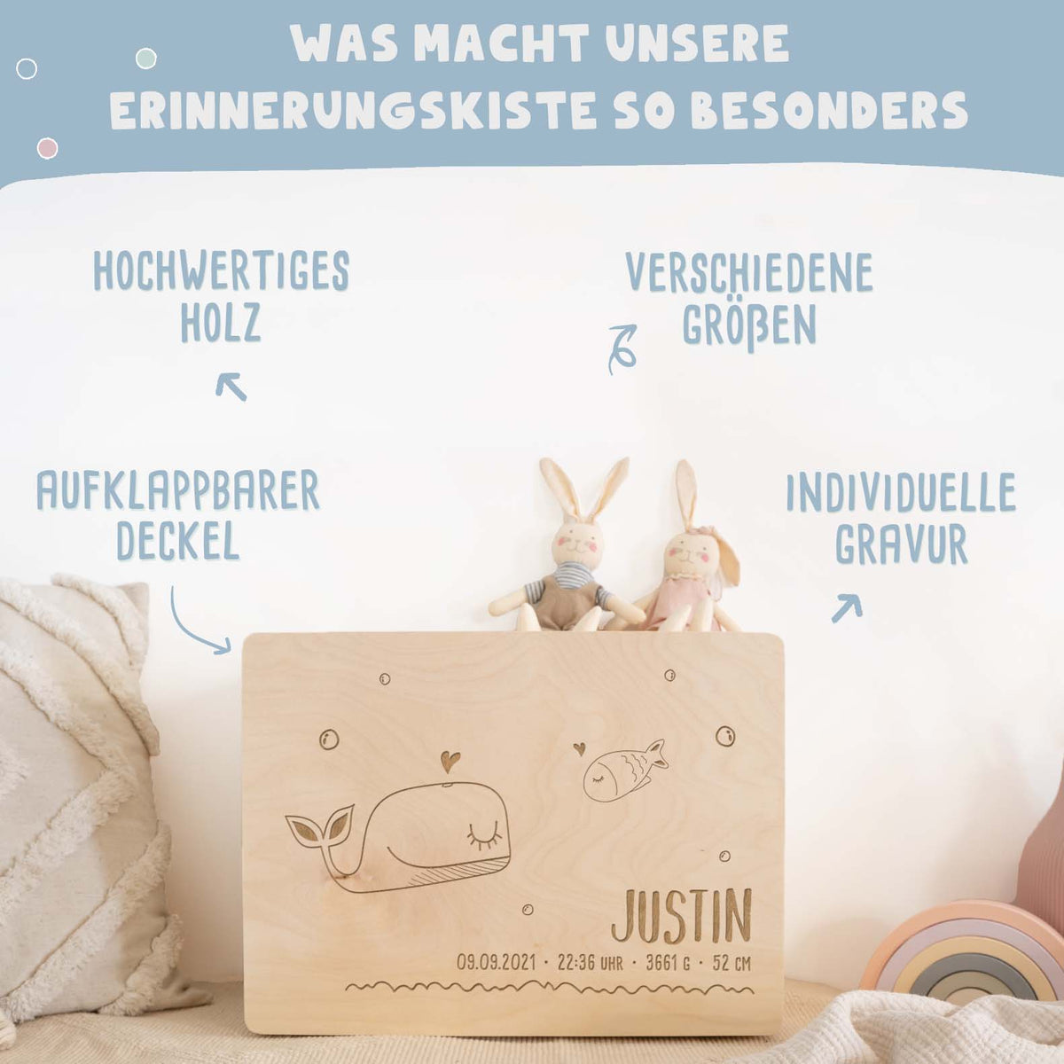 Erinnerungskiste „Wal und Fisch“ personalisiert Gravur