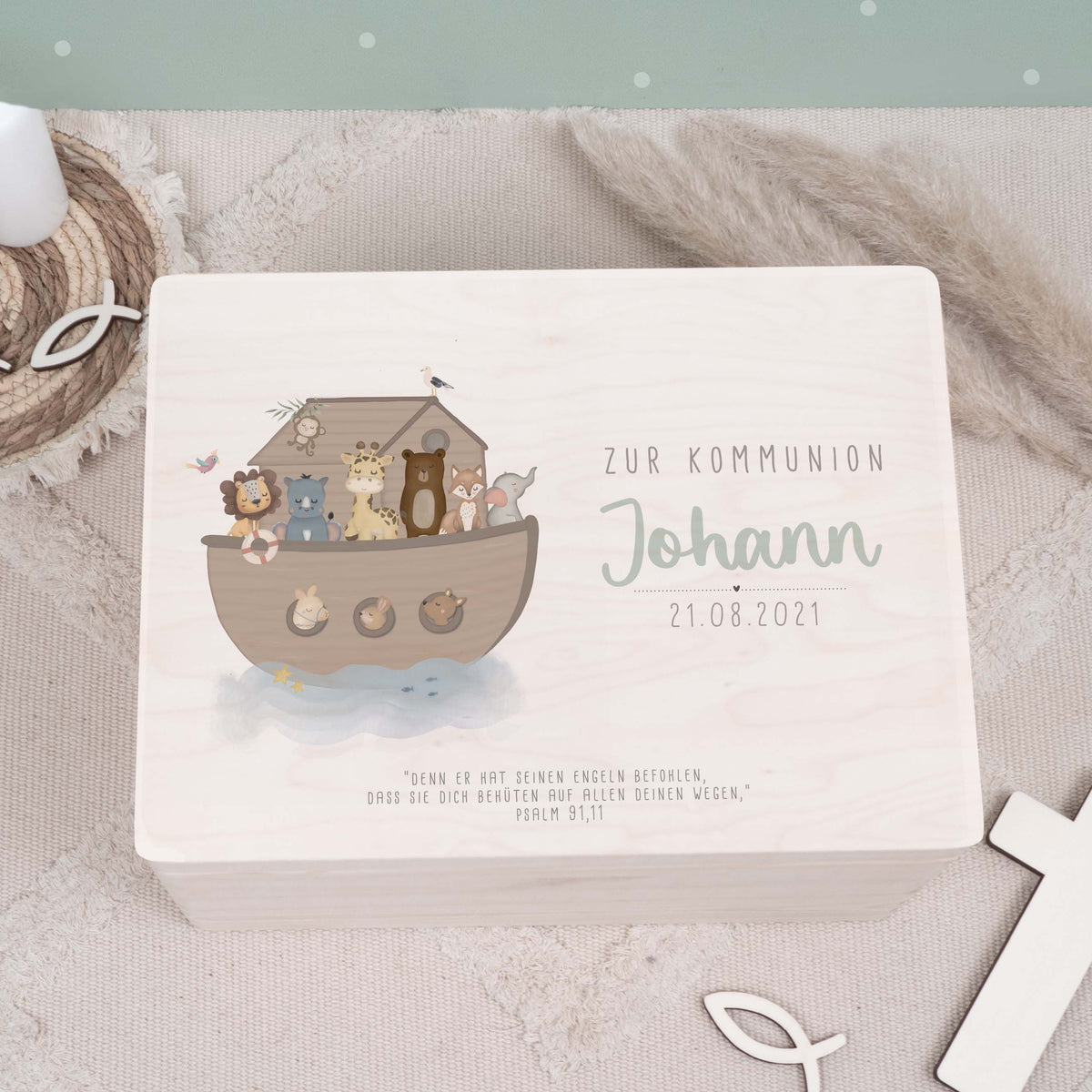 Erinnerungsbox Geschenk zur Kommunion "Arche Noah" Aquarell