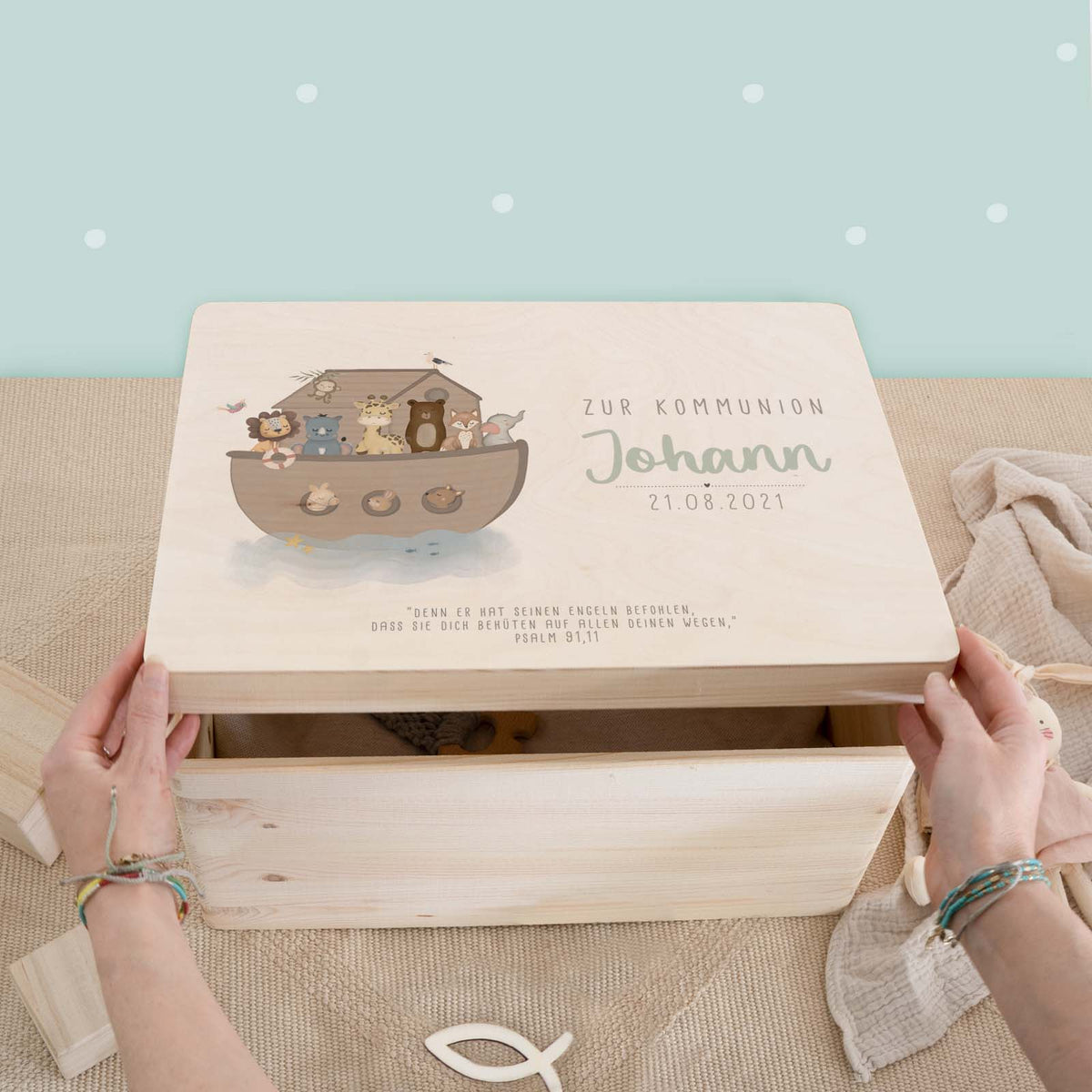 Erinnerungsbox Geschenk zur Kommunion "Arche Noah" Aquarell