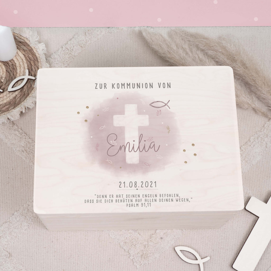 Erinnerungsbox Geschenk zur Kommunion "Kreuz Rosa" Aquarell