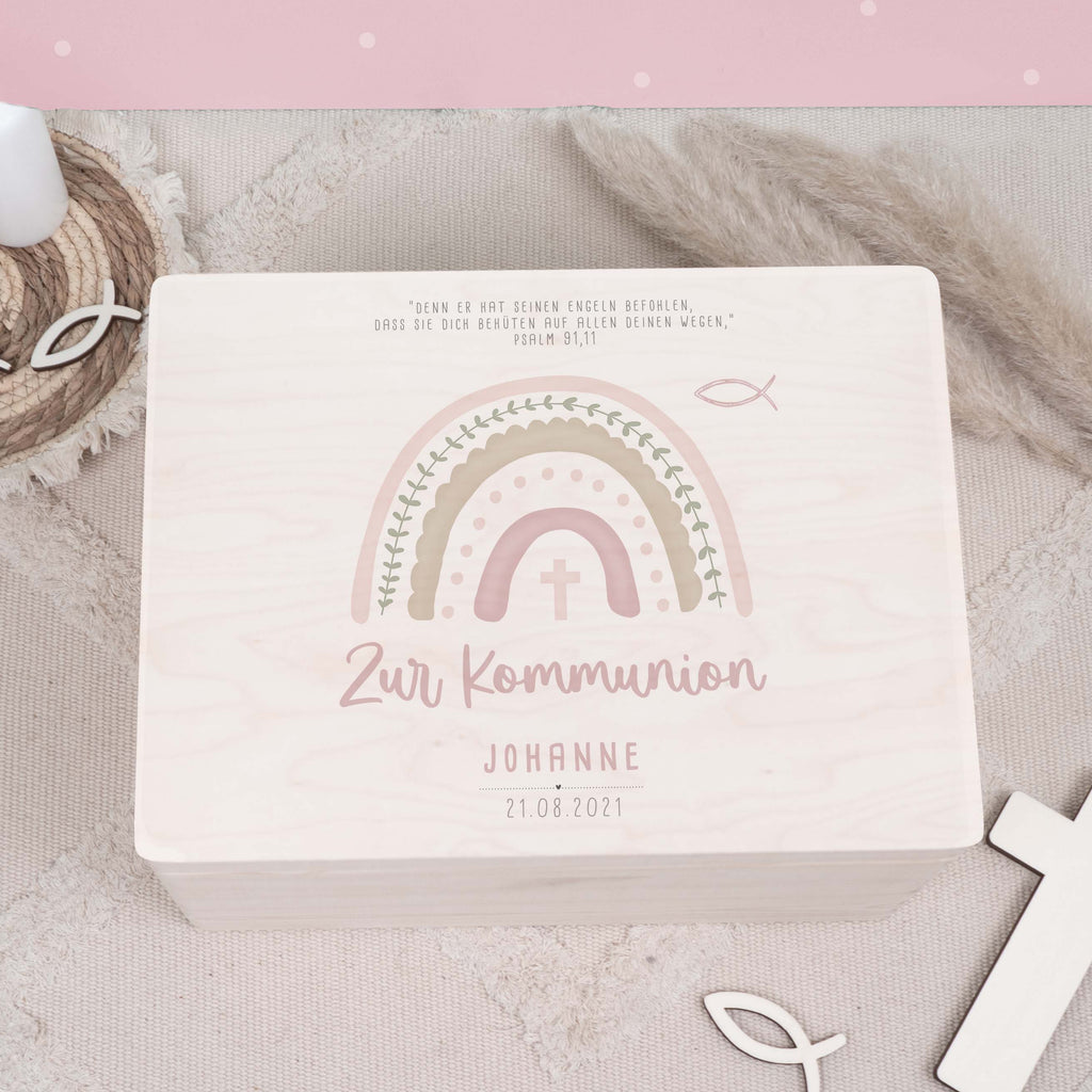 Erinnerungsbox Geschenk zur Kommunion "Regenbogen Rosa" Aquarell