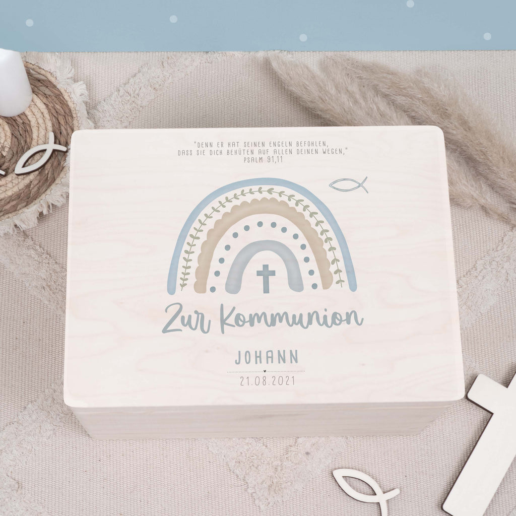 Erinnerungsbox Geschenk zur Kommunion "Regenbogen Blau" Aquarell
