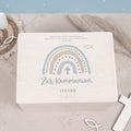 Erinnerungsbox Geschenk zur Kommunion "Regenbogen Blau" Aquarell