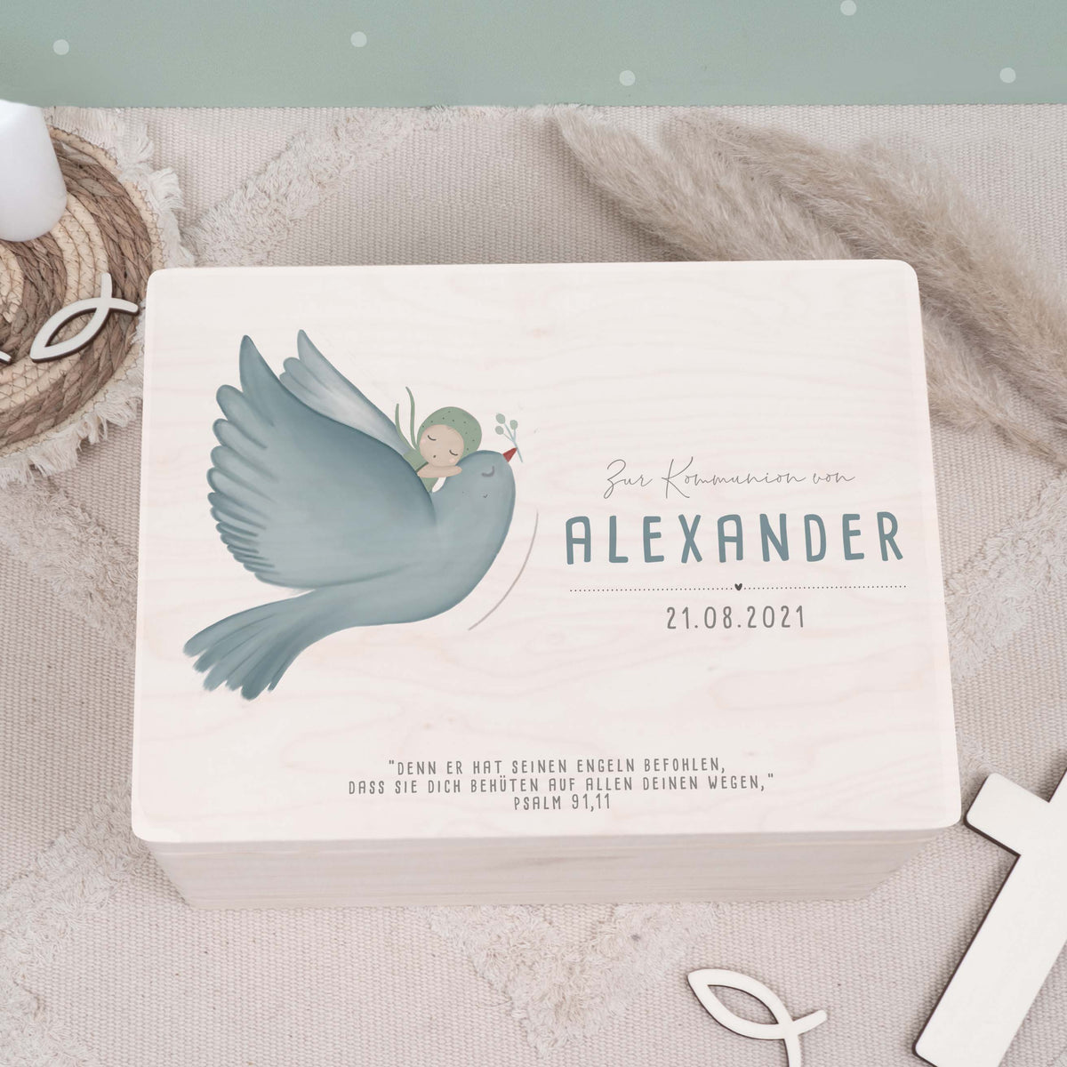 Erinnerungsbox Geschenk zur Kommunion "Taube mit Kind" Aquarell